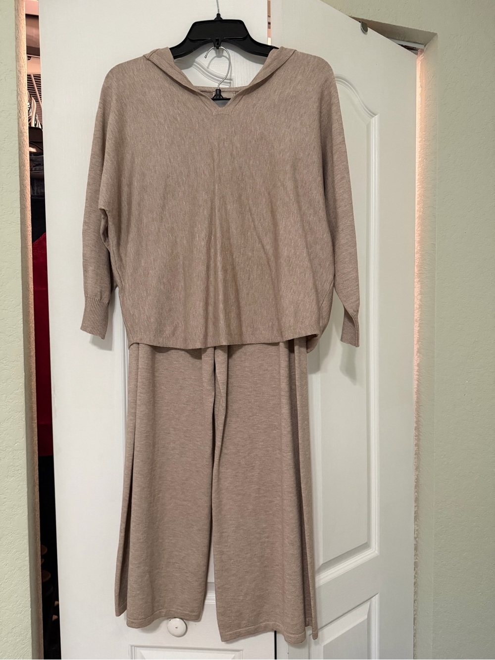 Sioni Taupe Hooded Knit Top & Wide-Leg Pants Set